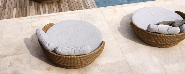 Boxhill's large round outdoor daybed cabana with outdoor cushions and outdoor pillows
