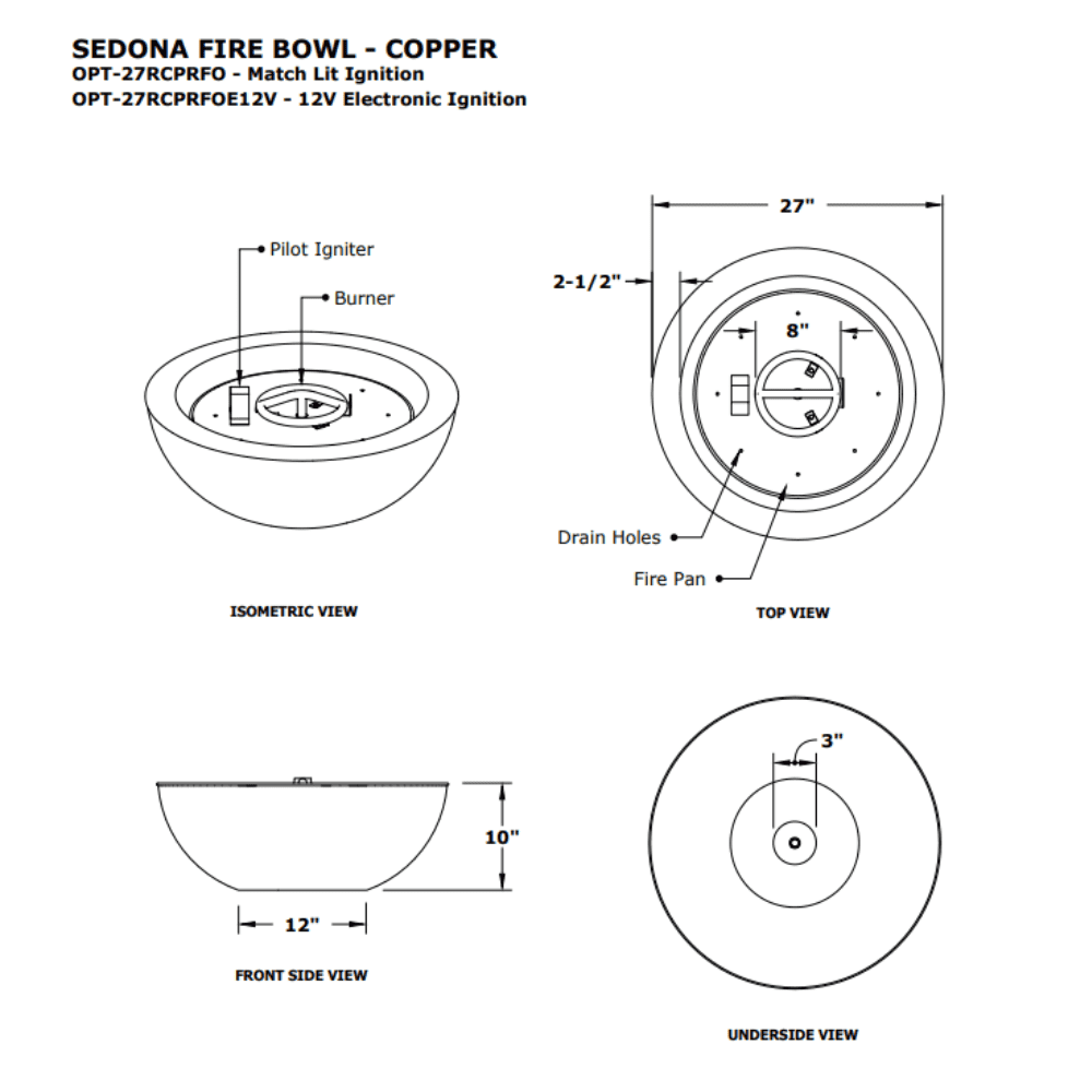 27" Sedona Hammered Copper Fire Bowl Specs