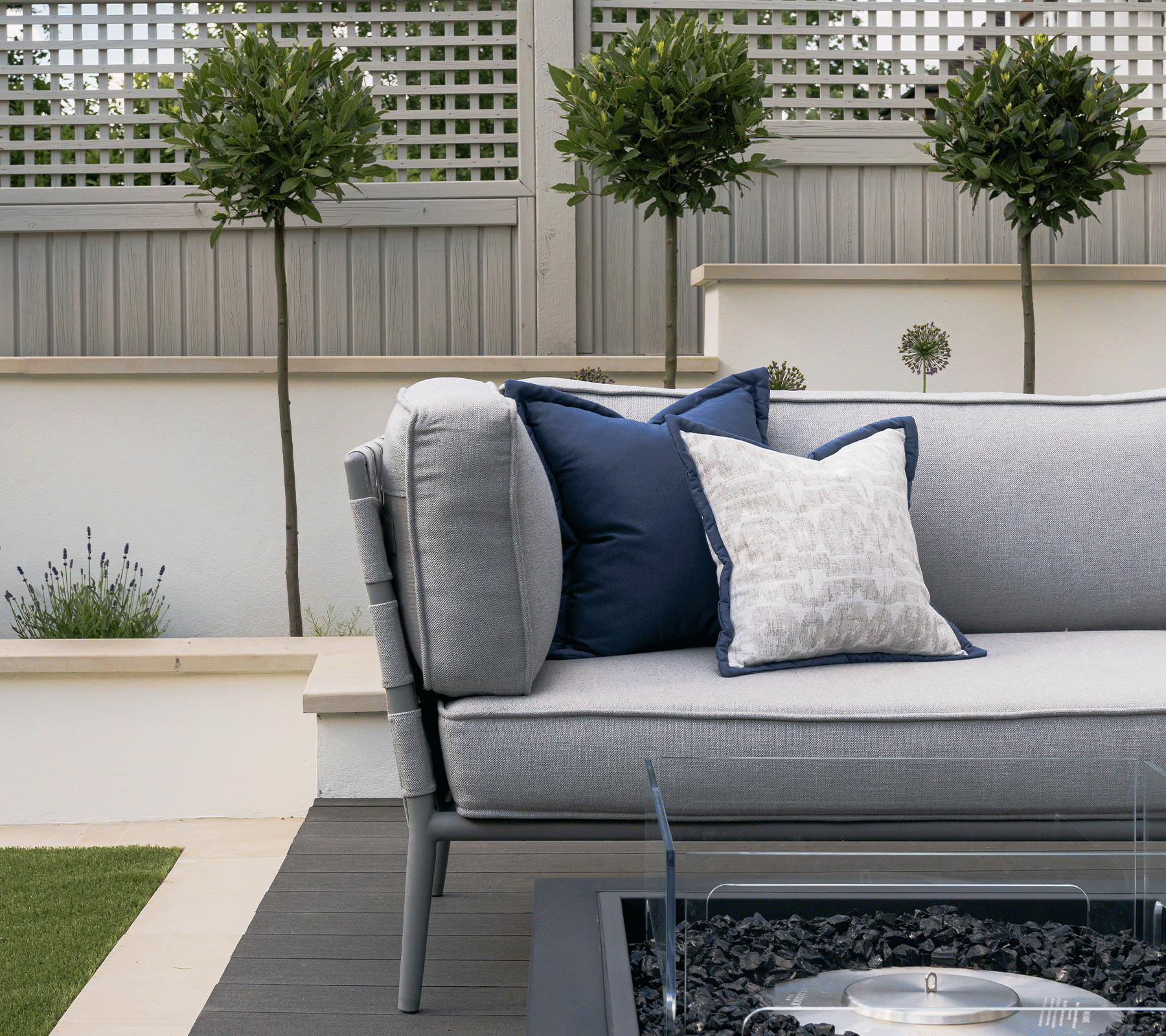 Boxhill's Conic 2-Seater Right Module Sofa Light Grey lifestyle image at the garden
