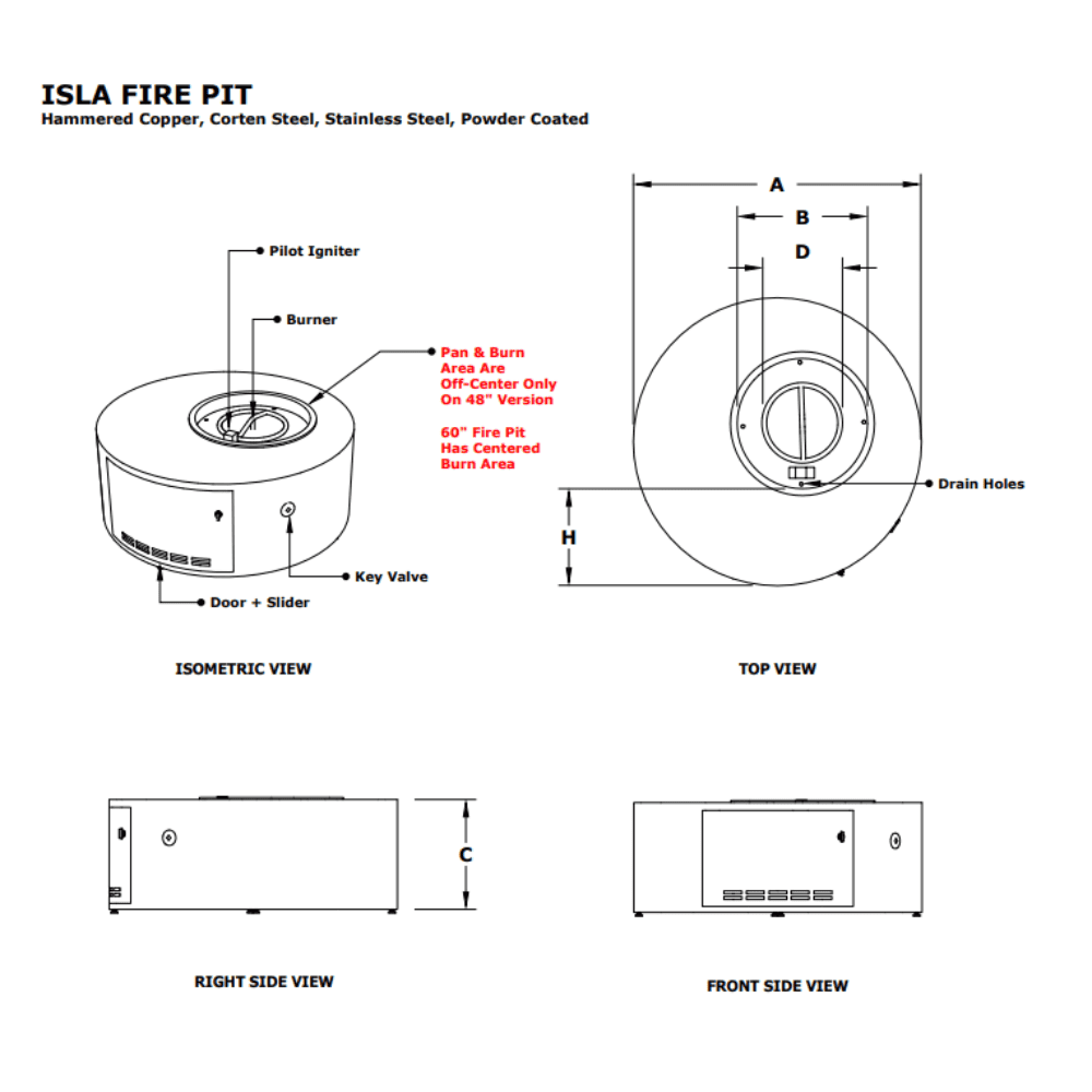 Isla Metal Powder Coated Fire Pit Table Specs