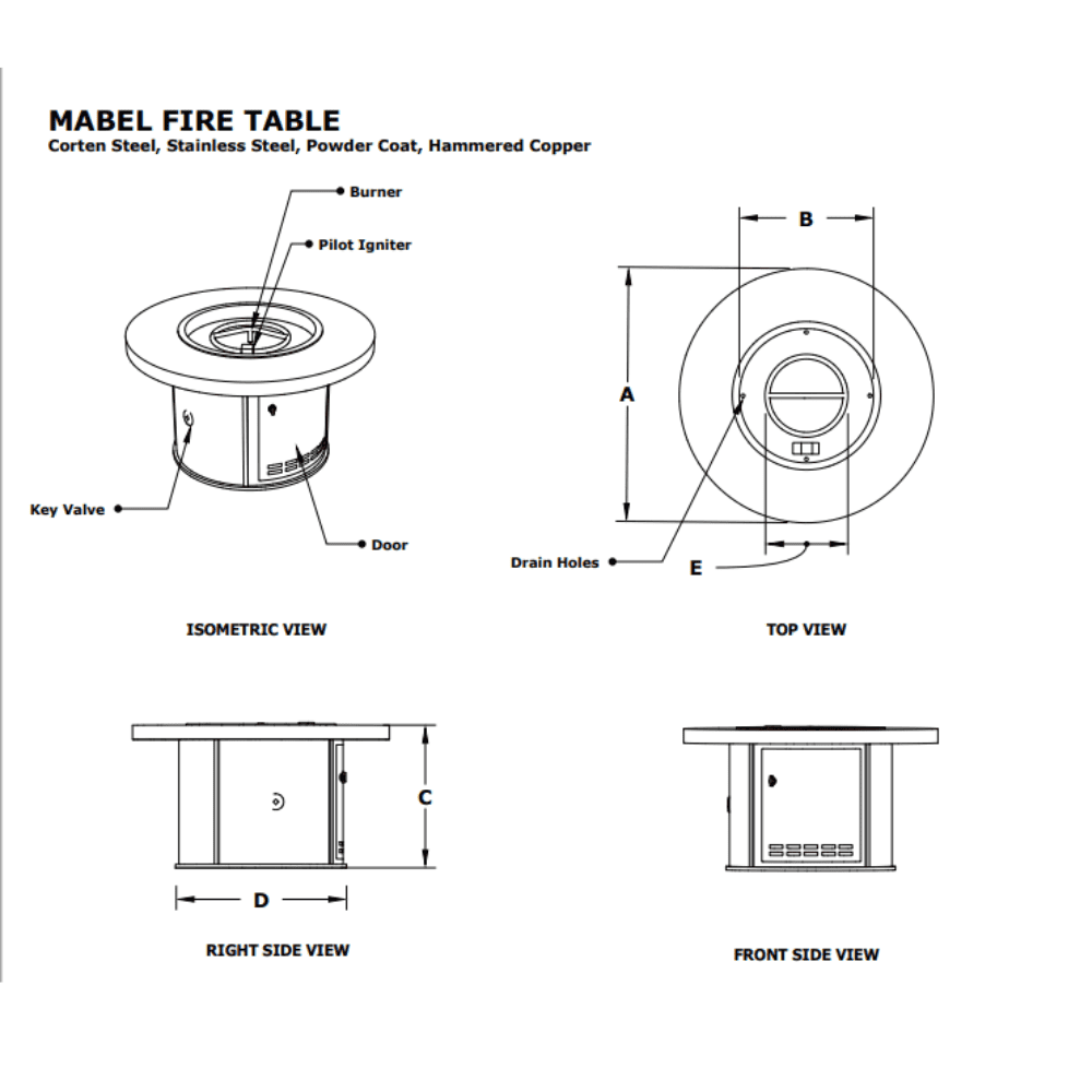 Mabel Metal Powder Coated Fire Pit Table Specs