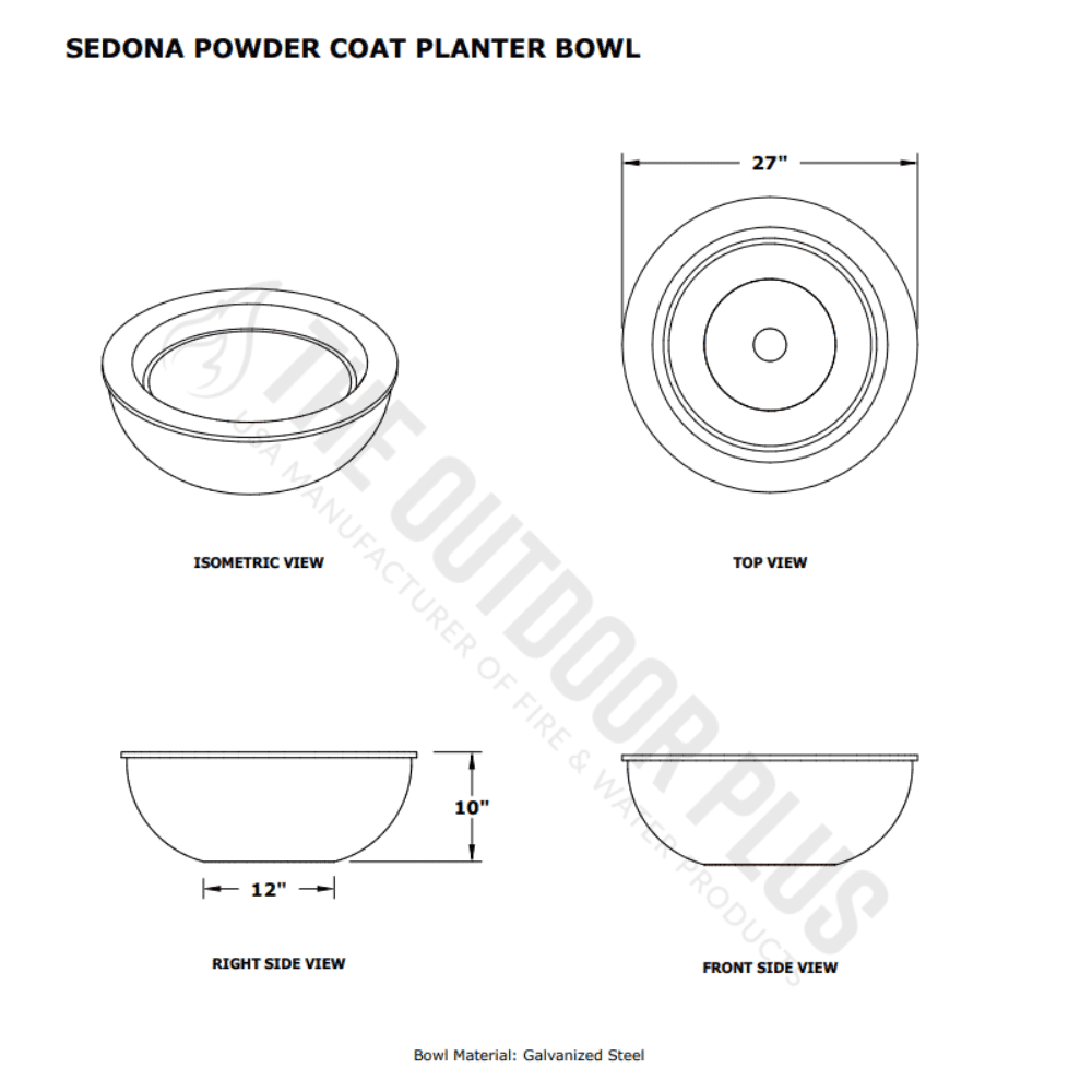 Sedona Powder Coated Planter Bowl Specs