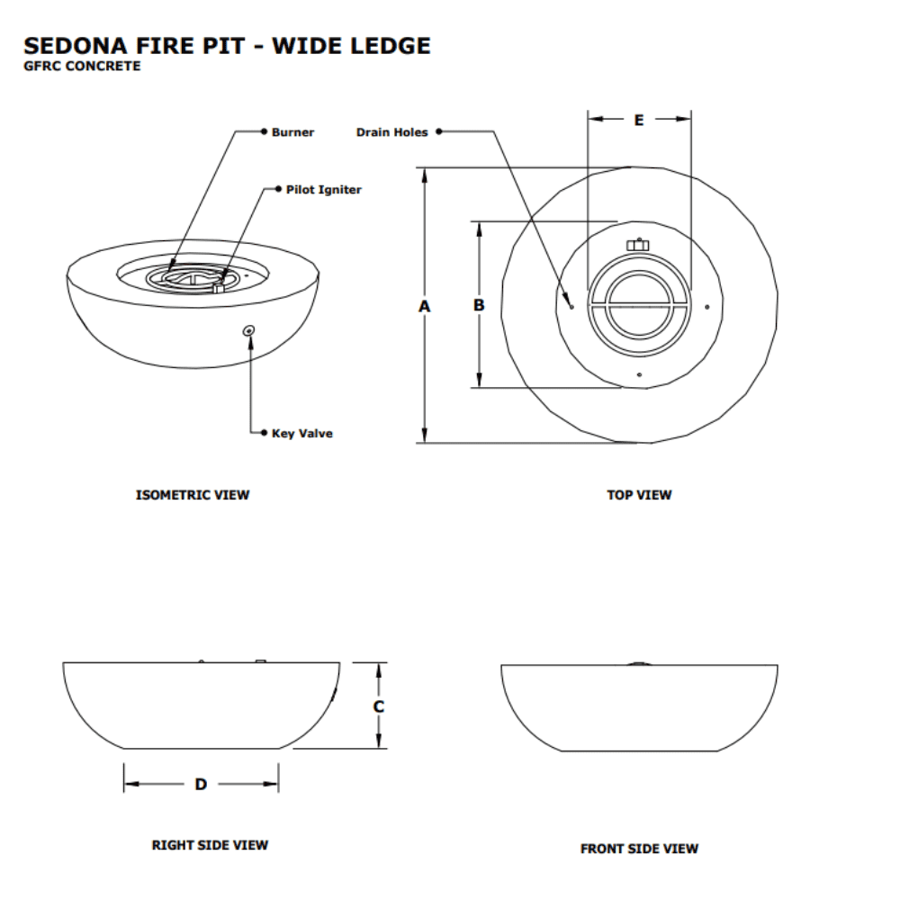 Sedona Concrete Fire Pit Bowl - Wide Ledge Specs