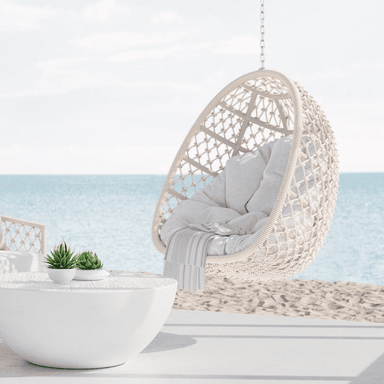 Boxhill's Amelia Outdoor Hanging Chair Sand lifestyle with Luna Coffee Table