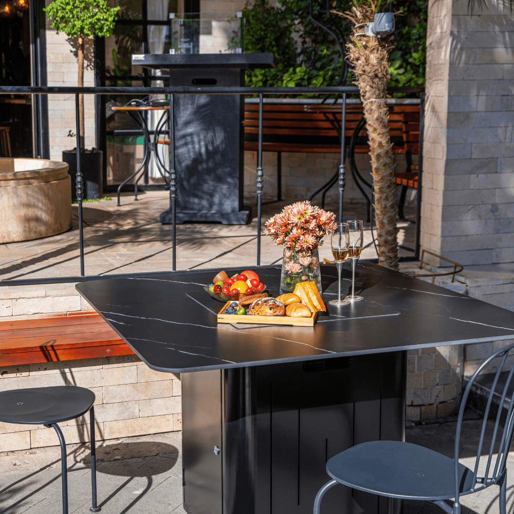 Brugge Marble Porcelain Outdoor Dining Table Fire Table lifestyle