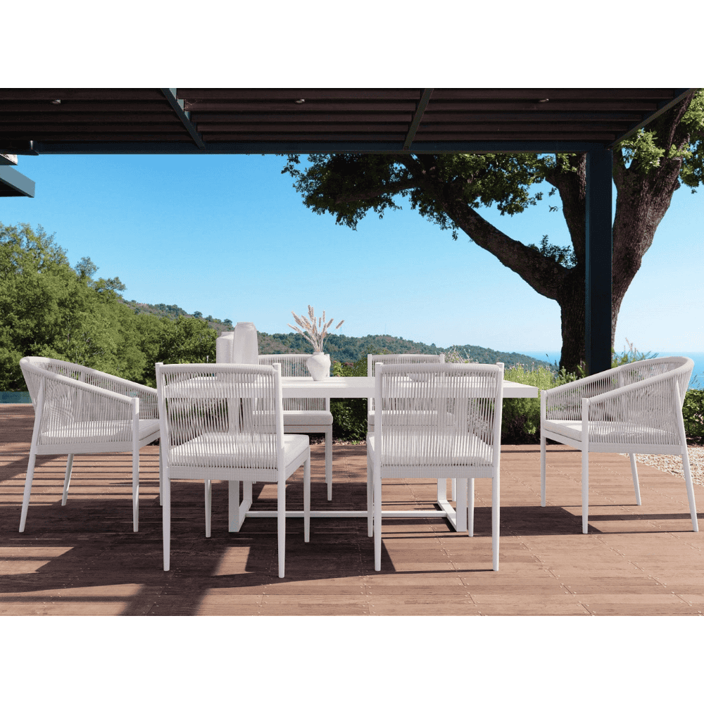 Boxhill's Catalina Outdoor Dining Chair Sand  together with Pavia Dining Table and catalina dining side chair (armless)