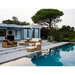Boxhill's Chester Footstool, Weave Coffee Table lifestyle image with Chester 3-Seater Coastal Sofa and Chester Lounge Weave Coastal Chair beside the pool