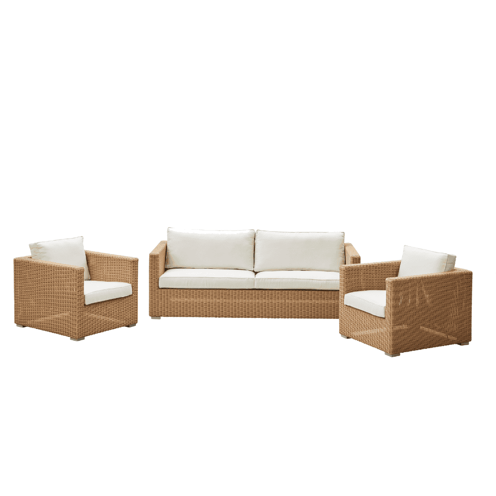Boxhill's Chester Lounge Weave Coastal Chair Natural and Chester 3-Seater Coastal Sofa Natural with White Cushion