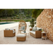 Boxhill's Chester Footstool, Weave Coffee Table Natural lifestyle image with Chester 3-Seater Coastal Sofa and Chester Lounge Weave Coastal Chair near the pool