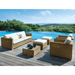 Boxhill's Chester Lounge Weave Coastal Chair Natural lifestyle image with Chester 3-Seater Coastal Sofa and Chester Footstool, Weave Coffee Table on wooden Platform poolside