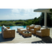 Boxhill's Chester Footstool, Weave Coffee Table Natural lifestyle image with Chester 3-Seater Coastal Sofa and Chester Lounge Weave Coastal Chair on wooden platform poolside
