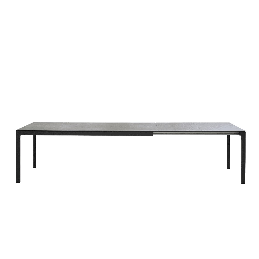 Boxhill's Drop Outdoor Dining Table with 78.8" Table Extension Lava Grey Base Black Tabletop center view in white background