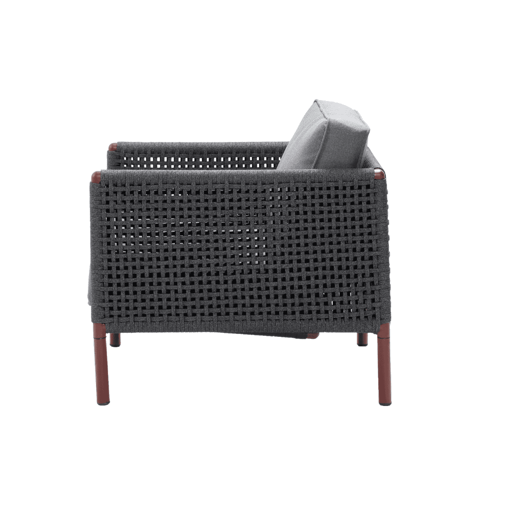 Boxhill's Encore Outdoor Single Seater Grey Sofa Bordeaux Frame side view in white background