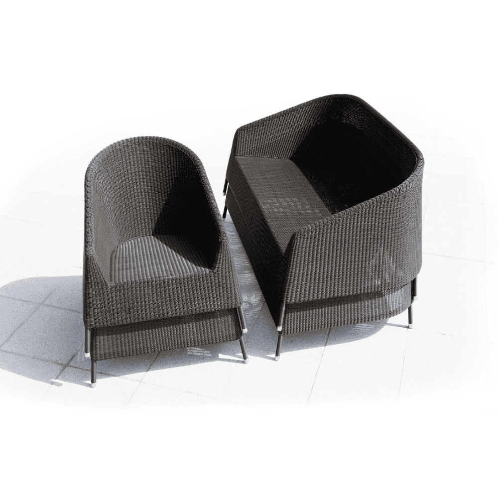 Boxhill's Kingston Outdoor Stackable Lounge Chair lifestyle image with   Kingston Stackable Outdoor 2-Seater Sofa piled up