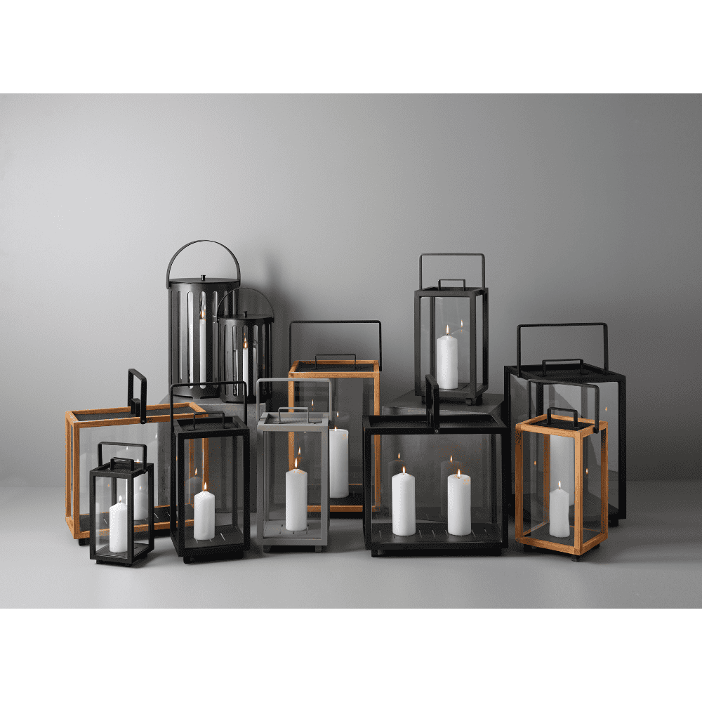 Boxhill's Lighthouse Outdoor Large Aluminum Lantern for Candles | Set of 2 lifestyle image with different sizes, together with Lighthouse Outdoor Large Teak Lantern and  Lighttube Outdoor Large Lantern