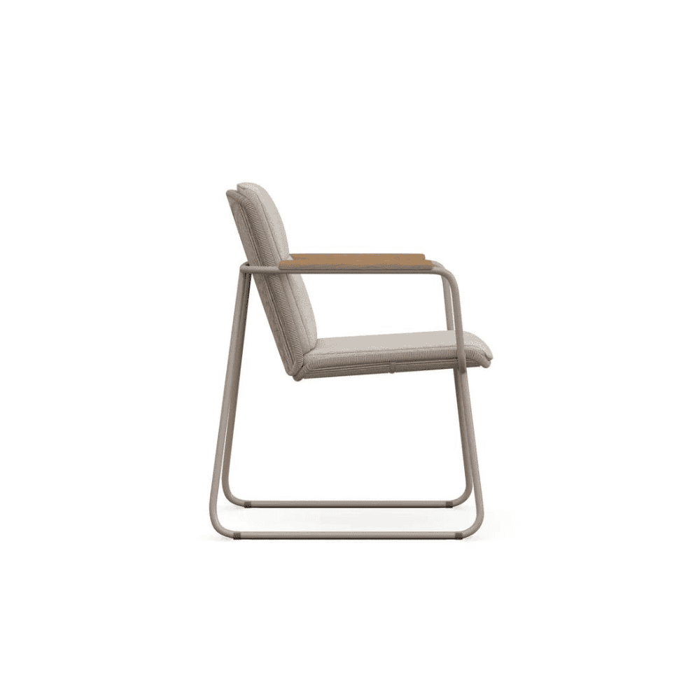 Paros Outdoor Stackable Dining Chair with beige cushion and teak armrest