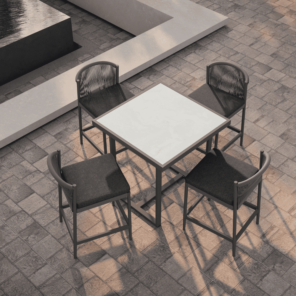 Boxhill's Pavia Outdoor Counter Table Charcoal Helena Dekton lifestyle image with Catalina Counter Stool