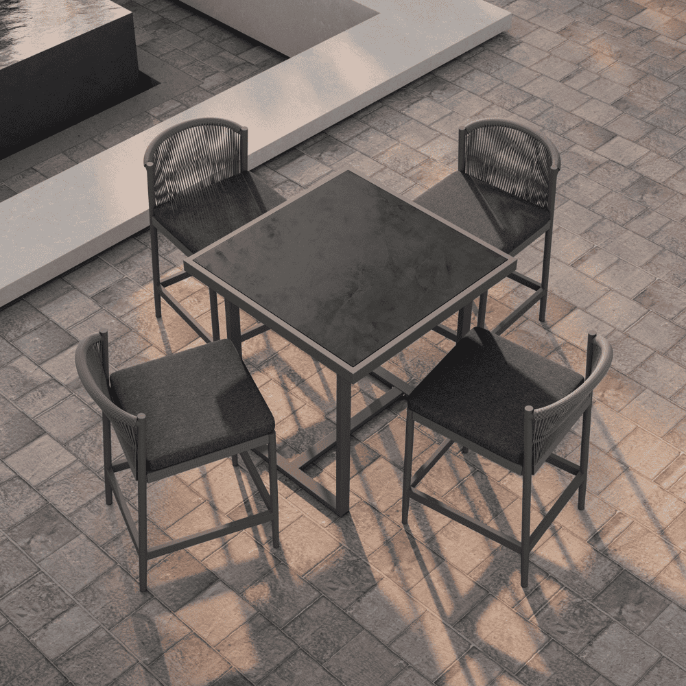 Boxhill's Pavia Outdoor Counter Table Charcoal Micron Dekton lifestyle image with Catalina Counter Stool