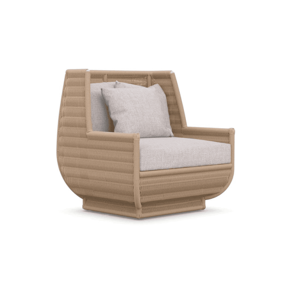 Fawn styled outdoor club chair that is made with texteline rope that outlasts tough conditions.