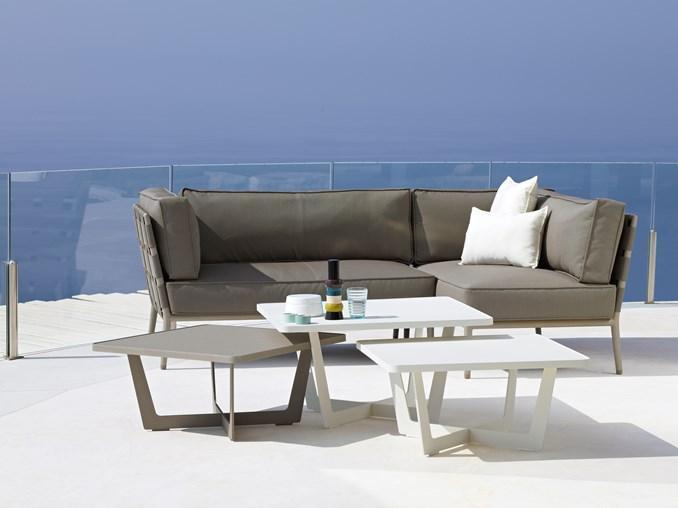 Boxhill's Time-Out white and light brown outdoor small coffee table with white large coffee table and light brown sectional sofa