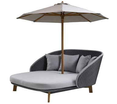 Boxhill's Peacock grey outdoor daybed with a parasol on white background