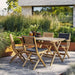 Boxhill's Flip Folding Outdoor Teak Dining chair lifestyle image with Flip Folding Outdoor Teak Dining Table beside plants at patio
