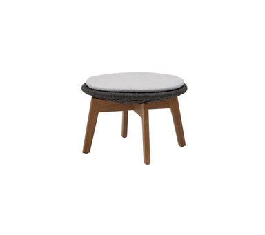 Boxhill's Peacock dark grey outdoor footstool with teak legs with light grey cushion on white background