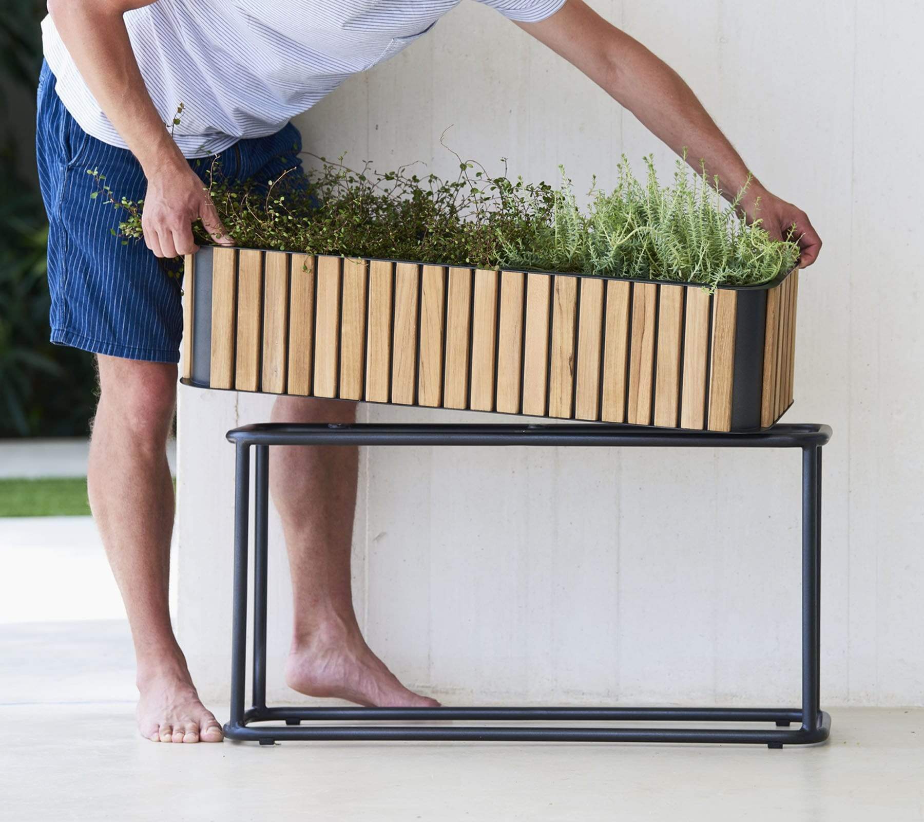 Boxhill's outdoor rectangle teak planter box with lava grey aluminum carrying by a man