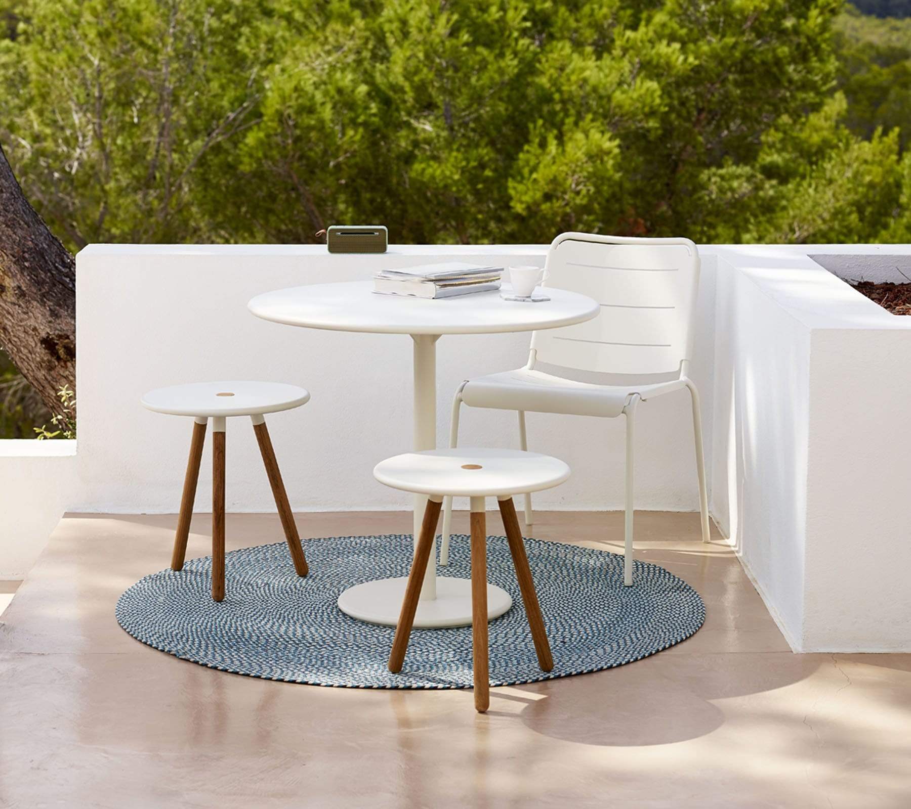 Boxhill's Area Coffee Table Chair White lifestyle image with Go Outdoor Round Cafe Table White