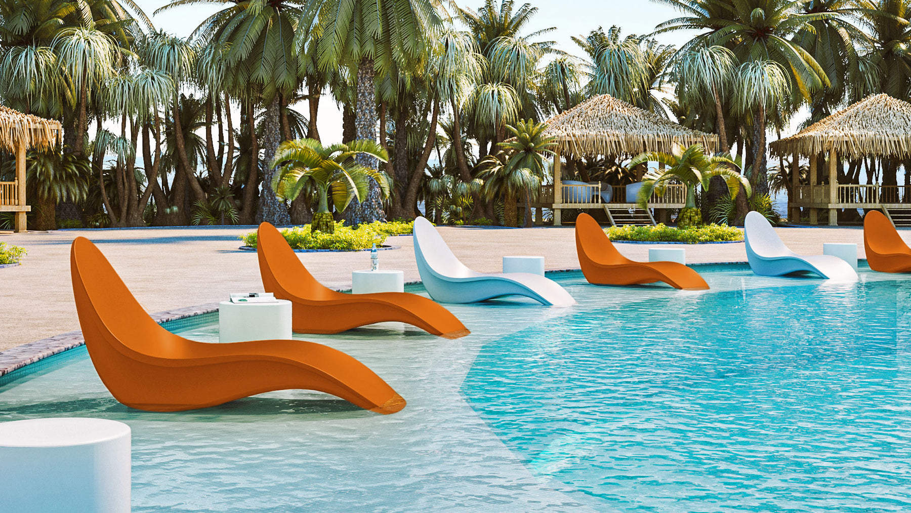 Bikini In-Pool Chaise Loungers line a commercial pool in alternating orange and white colors.