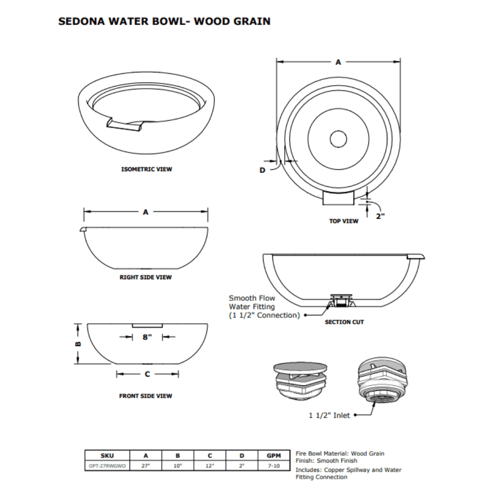 27" Sedona Wood Grain Outdoor Water Bowl Specs