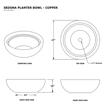 27" Sedona Hammered Copper Planter Bowl Specs