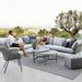 Boxhill's Horizon 2-Seater Outdoor Right Module Sofa lifestyle image together with Horizon 2-Seater Outdoor Left Module Sofa beside the pool with a man and a woman sitting down having a chat