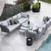 Boxhill's Horizon 2-Seater Outdoor Left Module Sofa lifestyle image together with Horizon 2-Seater Outdoor Right Module Sofa at poolside with 3 different sizes of round table at the center