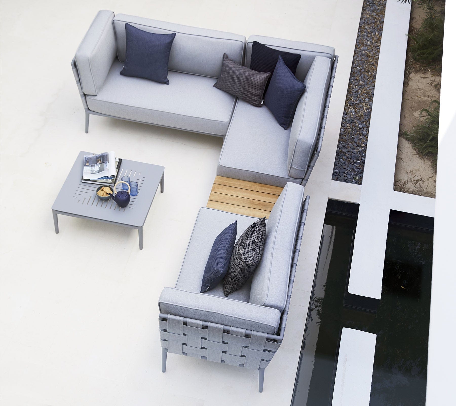 Boxhill's Conic Lounge Combo B Light Grey lifestyle image with Conic Coffee Table top view