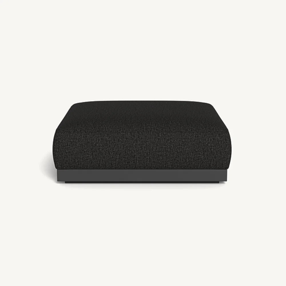 Square black cushioned outdoor ottoman with dark gray aluminum base on a white background