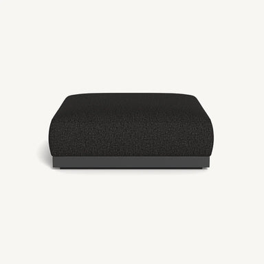 Square black cushioned outdoor ottoman with dark gray aluminum base on a white background