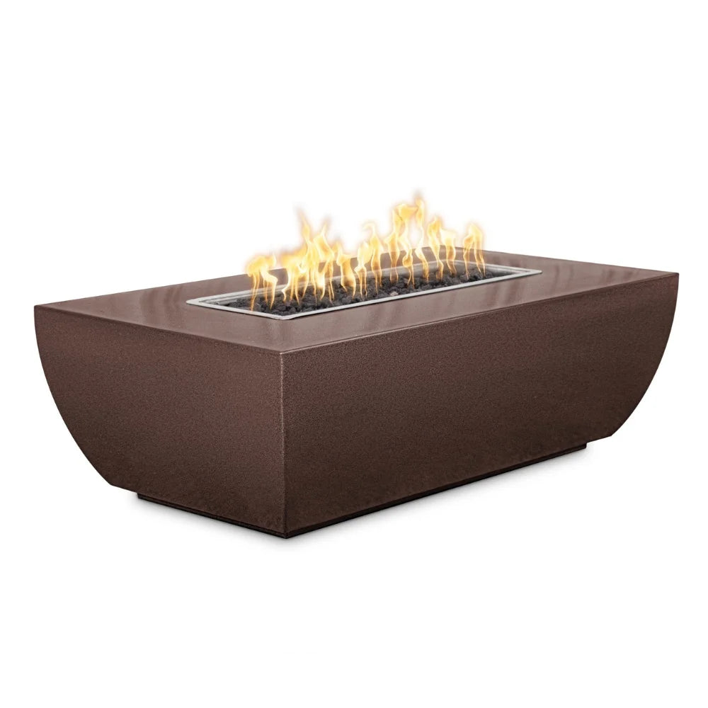 Brown rectangular metal linear fire pit table filled with lava rocks with flames on top