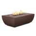 Brown rectangular metal linear fire pit table filled with lava rocks with flames on top