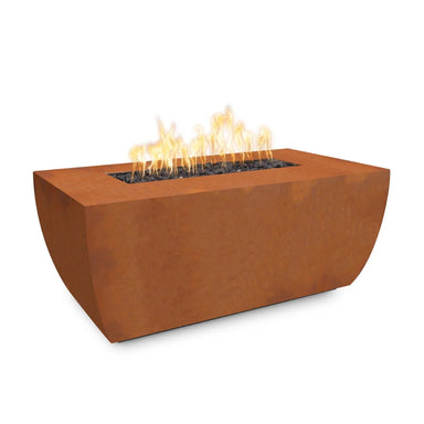 Rusty orange corten steel outdoor metal linear fire pit table with lava rocks and flames on top
