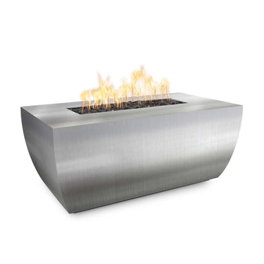 Stainless steel outdoor metal linear fire pit table with lava rocks and flames on top