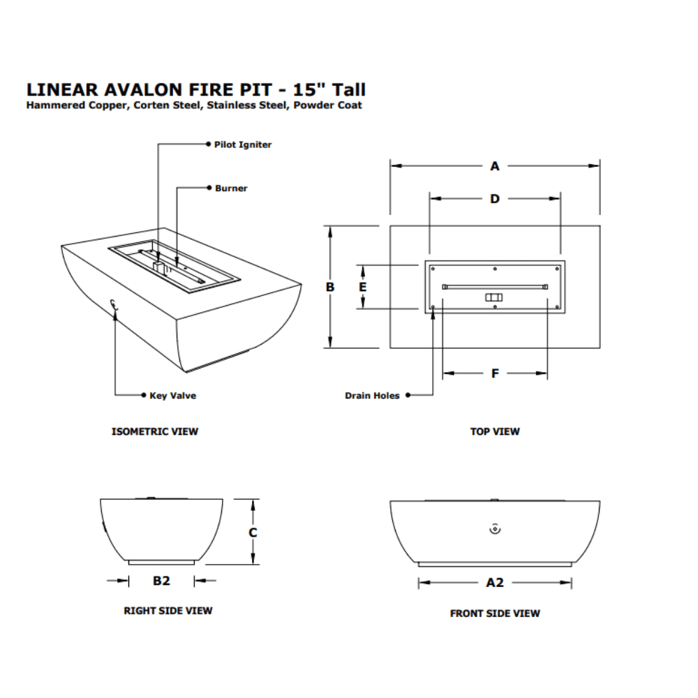 Avalon Linear Powder Coated Fire Pit | 15" Tall