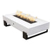 White outdoor rectangular powder coated metal fire pit table with black legs filled with lava rocks and fames on top