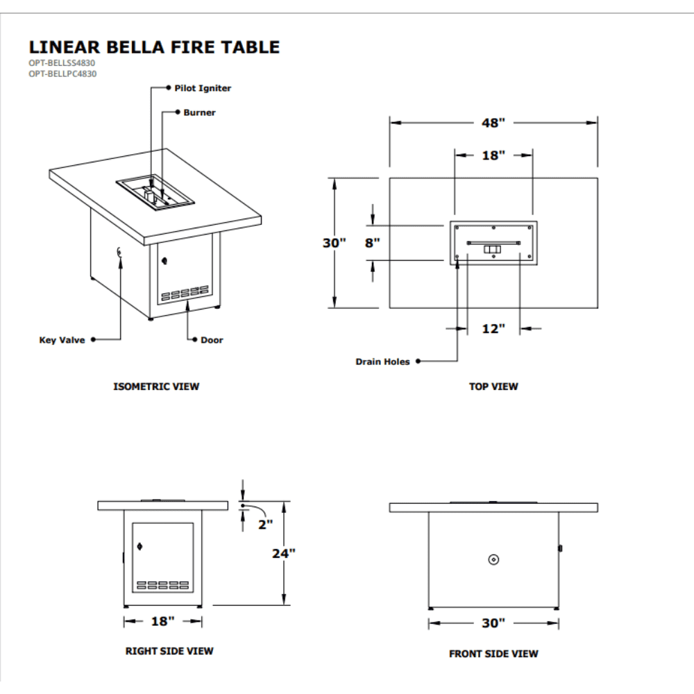Bella Linear Metal Fire Table Specs