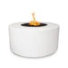 White round outdoor powdered coated fire pit with lava rocks and flames on top