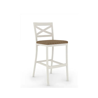 White stackable outdoor bar stool with wicker seat on a white background