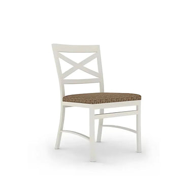 White armless outdoor side chair with wicker seat on a white background