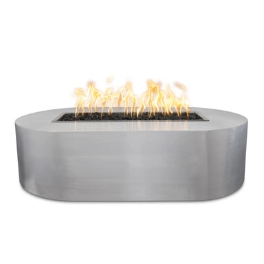 Stainless steel oval outdoor metal fire pit with lava rocks and flame on top