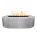 Stainless steel oval outdoor metal fire pit with lava rocks and flame on top