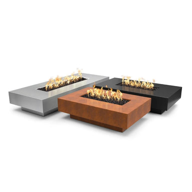 Three rectangular outdoor metal fire pits in three different sizes and colors, with lava rocks and flames on top